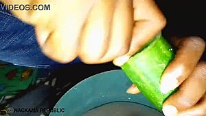 Creating a homemade pussy with a cucumber for fucking.