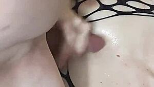 Milf Rides Monster Cock in Fishnets! Cumshot!