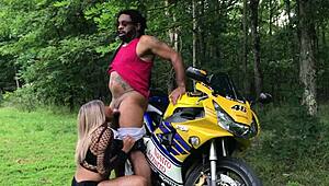 after that hot motorcycle ride, nina rivera gets on her knees and sucks don whoe's dick outside