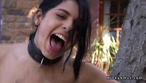 Brunette with hairy pussy gets roughly penetrated and gagged