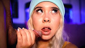 blonde cutie teases boyfriend with sexy footjob skills