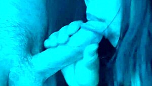Rgb light blowjob by busty Asian with massive cumshot on boobs