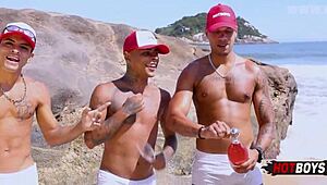 Beach orgy contrasts monster cocks penetrating bent over guys in doggystyle frenzy.