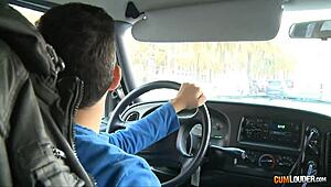 A beautiful European teen takes a scenic drive in a van with friends for an adventure.