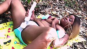 Nina Riveras outdoor solo play with sex toys and natural tits