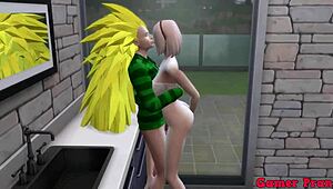 Sakura and Hinata discuss their sexual preferences before joining Radi for a threesome, ending with him getting fucked on the table
