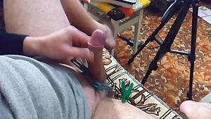 Rough solo cock handjob on camera in bdsm style with cumshot and cock juices 😈