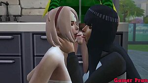Sakura and Hinata discuss their sexual preferences before joining Radi for a threesome, ending with him getting fucked on the table