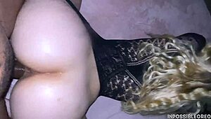 I'm a horny blonde teen 18+ with tight pussy fucking a big black cock in my friend's bed while bent over in lingerie.