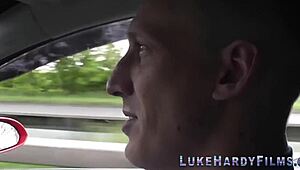 Inked babe sucks pornstar Brit Luke Hardy