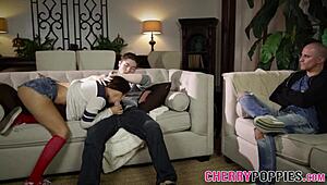 In this cuckold scene, the young latina teen gets bent over and receives a massive cumshot