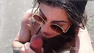 Hot couple fucks on public beach