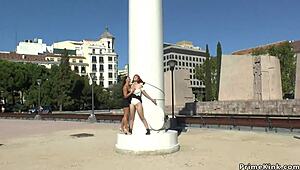 Outdoor public BDSM with a redheaded submissive