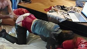 This French amateur slut in black leather pants and stockings gets dirty. She loves blowjobs and rimming in heels.