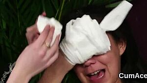 A naughty girl receives a facial of cum while eating all the semen in POV