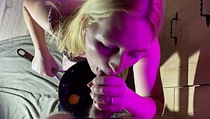 Juicy housewife blowjob in kitchen with frying pan and big cock