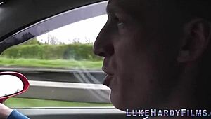 Inked babe sucks pornstar Brit Luke Hardy