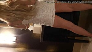 hot model in high heels and lingerie teases during photoshoot by dropping dress