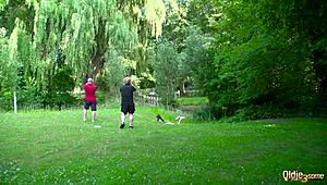 Hot brunette receives oral from two older men simultaneously