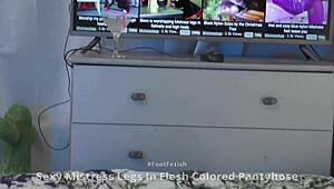 My sweaty feet in worn dirty pantyhose get licked close-up