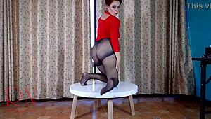 Nice lady in pantyhose heels teasing striptease round table