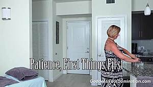 goddess brianna teaches patience with handjob, licking, and femdom in slave session.