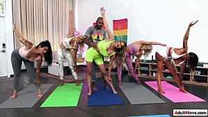 five milfs get interracial pussy eating yoga session with big black cocks 😏