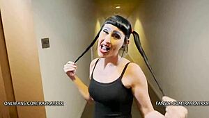 Ray ray xxx wipes down a counter before she jumps on top and fucks sucks and gives a footjob to a dildo