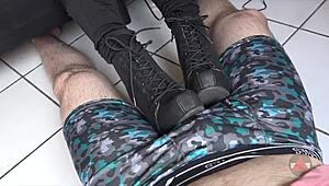 asian amateur teases with boots on cock and balls in pov footjob