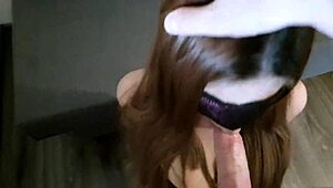 Submissive girl deepthroats and chokes on cock.