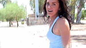 Ftv Brianne plays with a big dildo outdoors. Her brunette boobs bounce wild during solo masturbation.