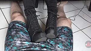 asian amateur teases with boots on cock and balls in pov footjob