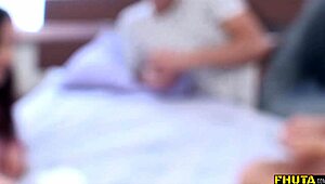 Anal Threesome Stretching Two Teen Brunettes with Deepthroat and Creampie