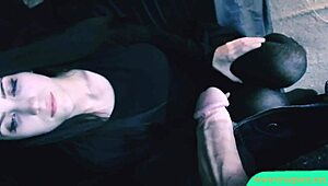 The guy has this beautiful brunette giving a blowjob and cumming on her face