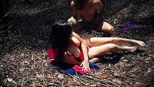 Tatiana Morales as Little Red Riding Hood gets lost in the forest, where the wolf fucks her ass, mouth, and cums.