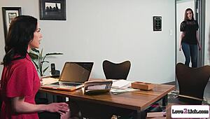 Tall brunette turns babe into lesbian with fingering and kissing.