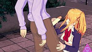 oshi no ko hoshino ruby gets blowjob handjob and cumshot in hentai