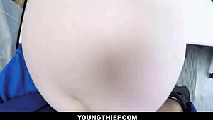 Blonde shoplifter Darcie Belle begs to avoid the cops