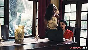 Online Meeting Crashed by Saggy Titted Lesbian Girlfriend's Bold Moves