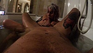 in the hot tub, couple sucks cock and fucks doggy style while camming