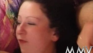 Brunette bitch handling two cocks with hardcore facial finish