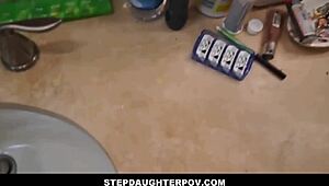 Skinny redhead stepdaughter Krystal Orchid gets banged by stepdad in bathroom POV.