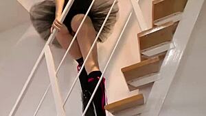 petite sexy babe strips clothes ripped stockings glamour outfit rubs pussy