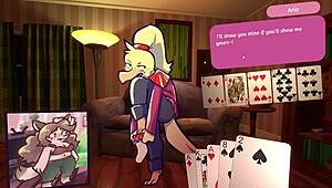 Two chicks engage in furry strip poker game with clothes ripped