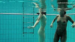 markova and zlata, those hot russian lesbians, fooling around underwater in the pool