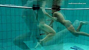 markova and zlata, those hot russian lesbians, fooling around underwater in the pool