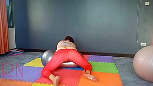 regina noir does yoga in transparent leotard at the gym