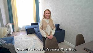 The new maid didnt do a good job so she had to work her holes and get cum in her mouth