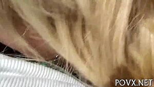 In this POV scene, a hairy pussy gets blowjob and cumshots.