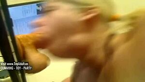 blonde deep throats huge dildo, wanna see her cum?